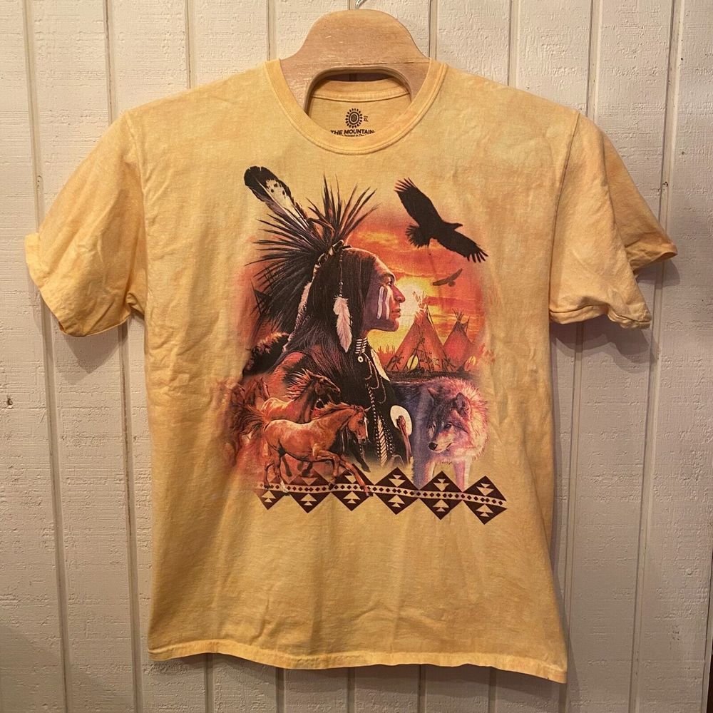 The Mountain Indian Collage T-Shirt Men's XL Yellow Cotton Graphics Short Sleeve